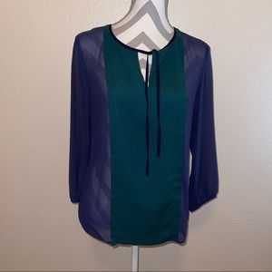 Ann Taylor Navy & Green Keyhole Tie Blouse 4